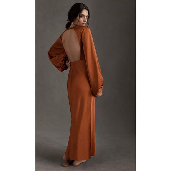 Significant Other Gown Sz 6 Demi Backless Rust Red Satin Long Sleeve Column Maxi - Picture 15 of 15